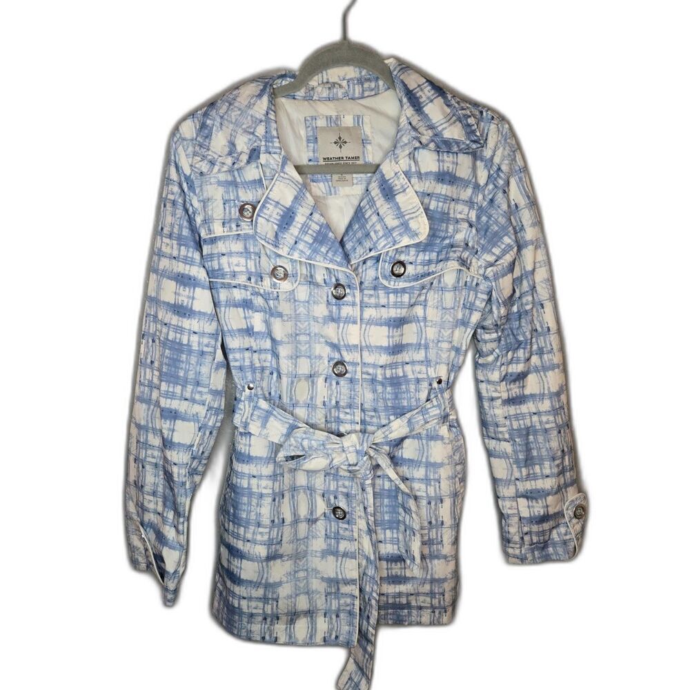Weather Tamer Women's Blue and White Rain Trench Coat Size Small